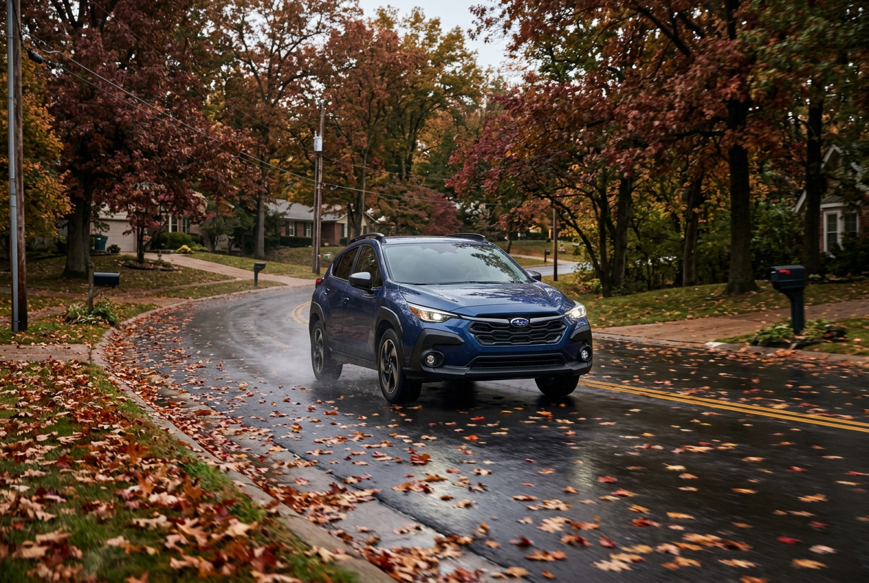 Blue Subaru Crosstrek driving on a wet suburban street covered in colorful autumn leaves. (Representative image for illustration purposes only. Actual vehicle may vary based on trim and configuration.)