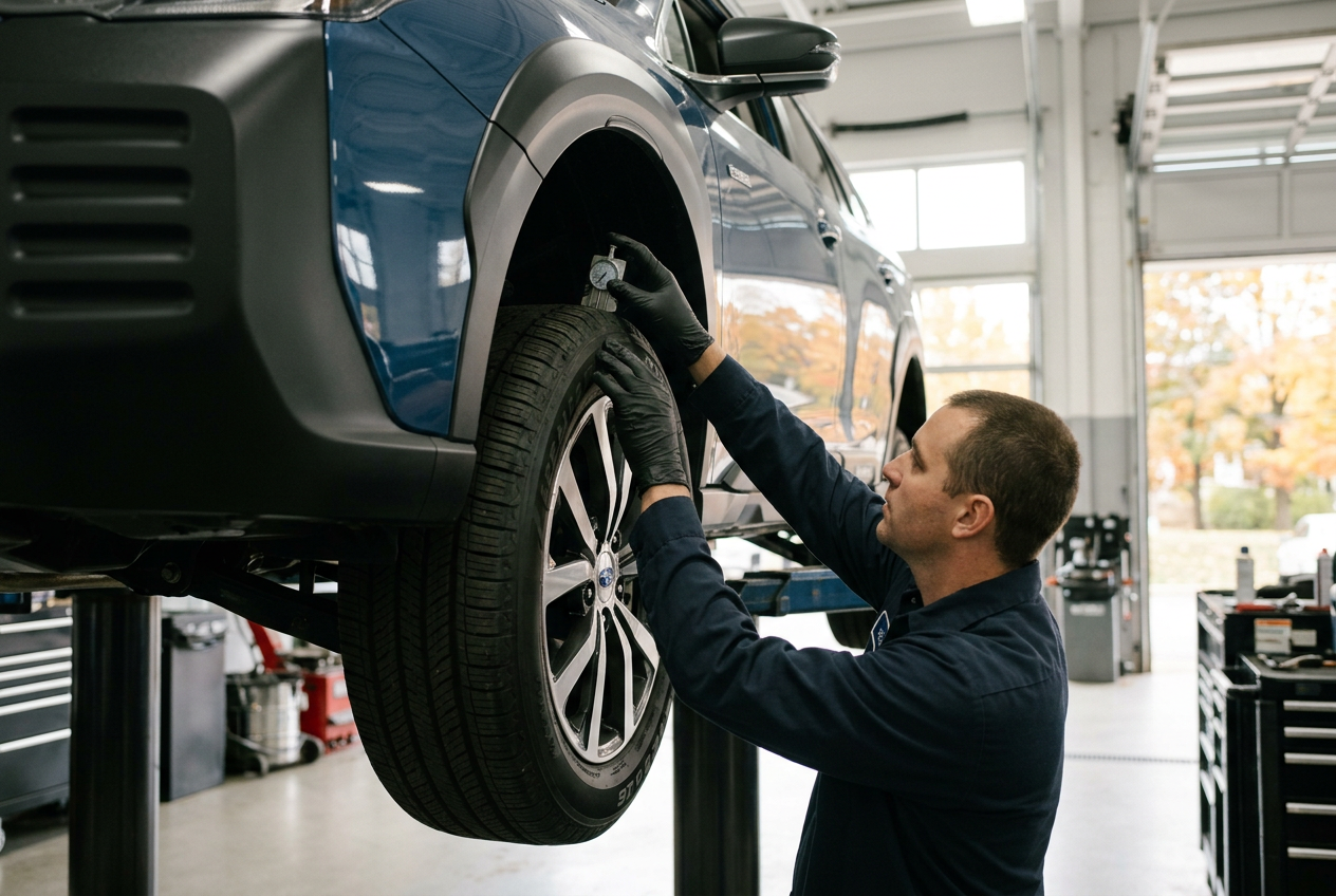 Mechanic wearing black gloves uses a gauge to measure tire tread depth on a car lifted in a service shop. (Representative image for illustration purposes only. Actual vehicle may vary based on trim and configuration.)