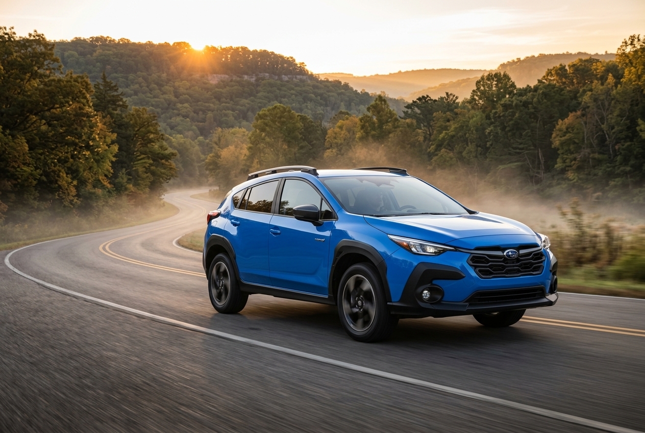 Blue Subaru Crosstrek driving along a winding asphalt road through a misty forest at sunrise. (Representative image for illustration purposes only. Actual vehicle may vary based on trim and configuration.)
