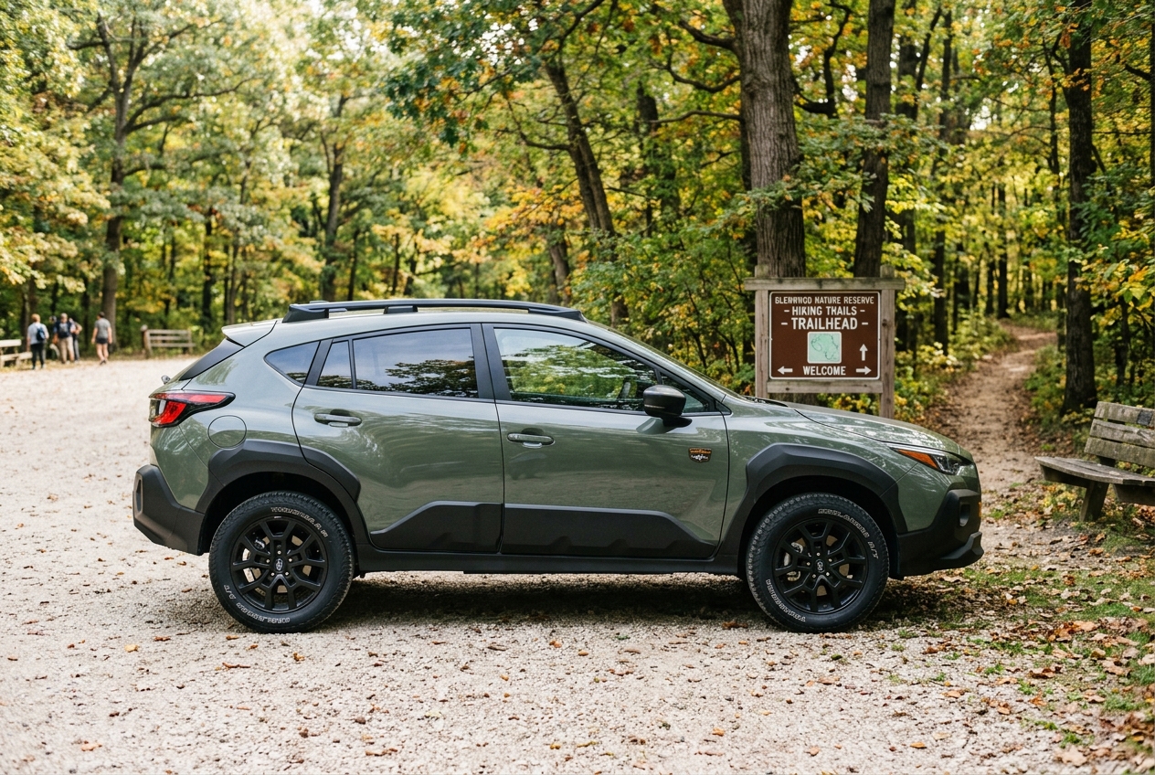 Side profile of a green Subaru SUV parked near a wooden hiking trailhead sign in an autumn forest. (Representative image for illustration purposes only. Actual vehicle may vary based on trim and configuration.)