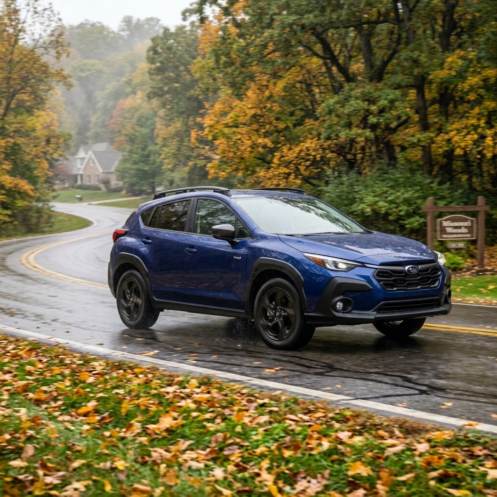 Dark blue Subaru Crosstrek driving along a wet, winding forest road during autumn. (Representative image for illustration purposes only. Actual vehicle may vary based on trim and configuration.)
