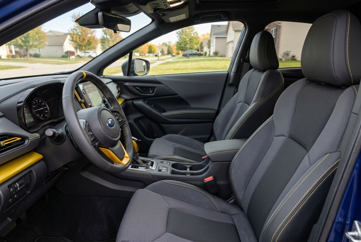 Interior of a Subaru crossover featuring dark grey seats with yellow stitching and yellow trim accents on the steering wheel. (Representative image for illustration purposes only. Actual vehicle may vary based on trim and configuration.)