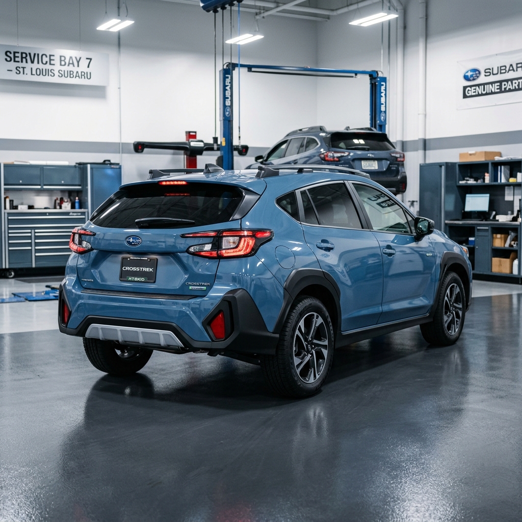 Rear view of a blue Subaru Crosstrek parked inside a well-lit auto dealership service bay. (Representative image for illustration purposes only. Actual vehicle may vary based on trim and configuration.)