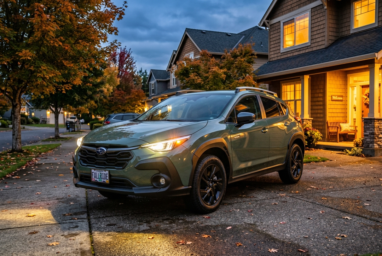 Green Subaru Crosstrek parked in a driveway outside a lit craftsman home on an autumn evening. (Representative image for illustration purposes only. Actual vehicle may vary based on trim and configuration.)