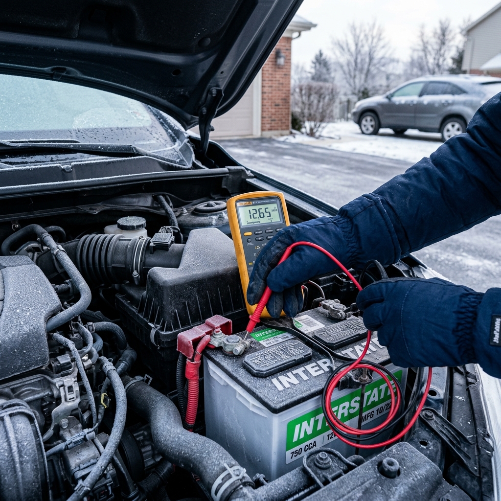 A person using a yellow digital multimeter to test a frost-covered car battery's voltage on a cold winter day. (Representative image for illustration purposes only. Actual vehicle may vary based on trim and configuration.)