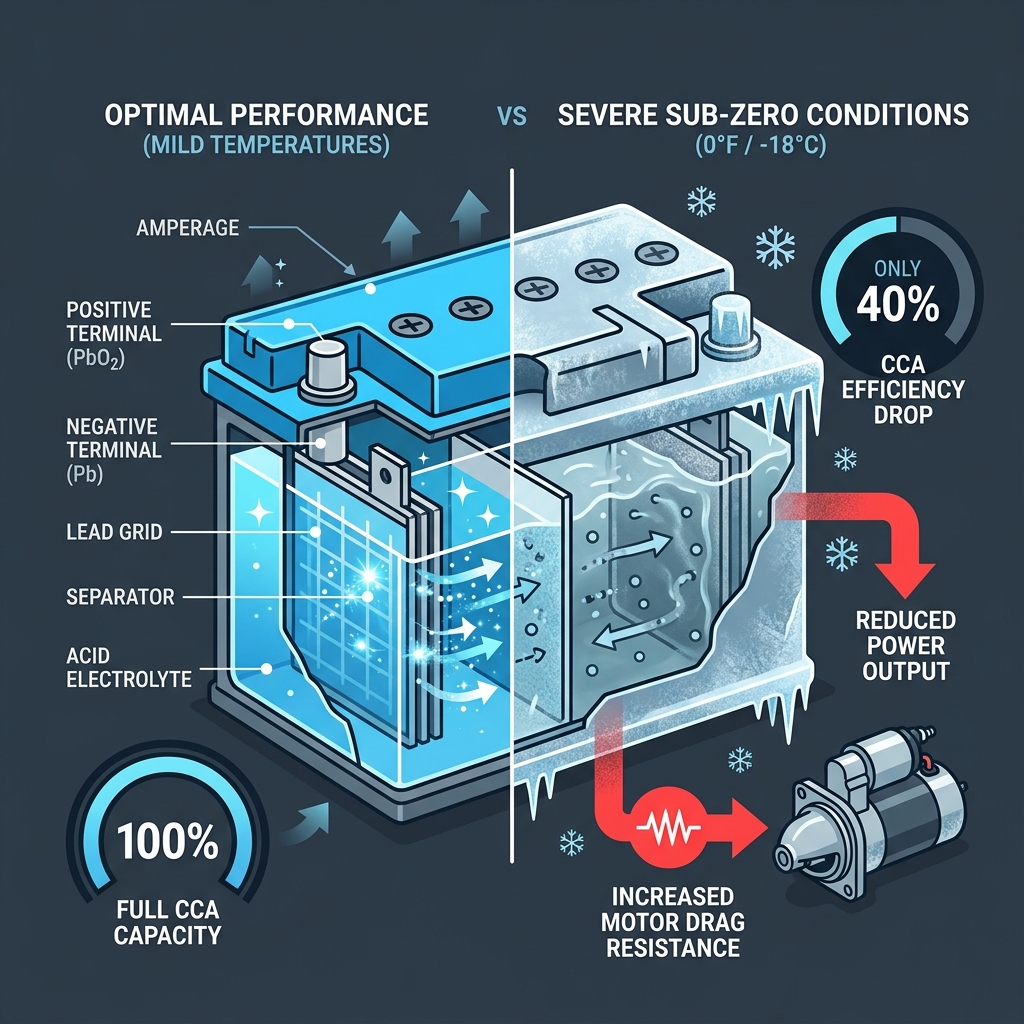Diagram comparing car battery efficiency at mild temperatures with 100% capacity versus sub-zero weather at 40% capacity. (Representative image for illustration purposes only. Actual vehicle may vary based on trim and configuration.)