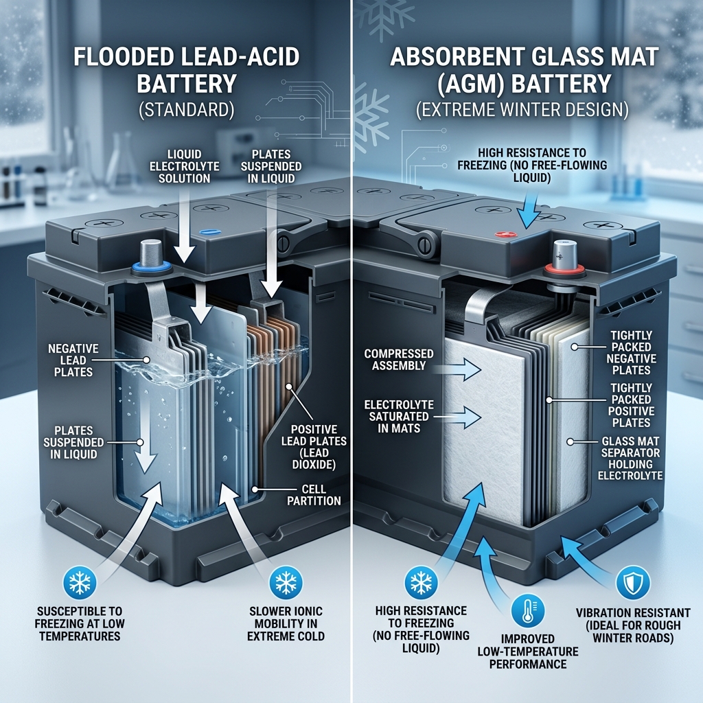 Side-by-side cross-section comparison showing internal components of flooded and AGM lead-acid car batteries. (Representative image for illustration purposes only. Actual vehicle may vary based on trim and configuration.)