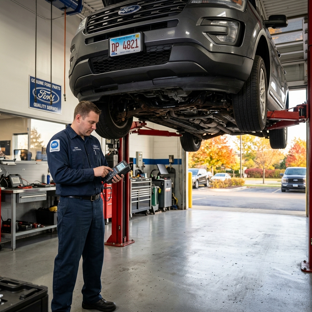 A mechanic in a blue Ford uniform uses a handheld diagnostic scanner under a car raised on a hydraulic lift. (Representative image for illustration purposes only. Actual vehicle may vary based on trim and configuration.)