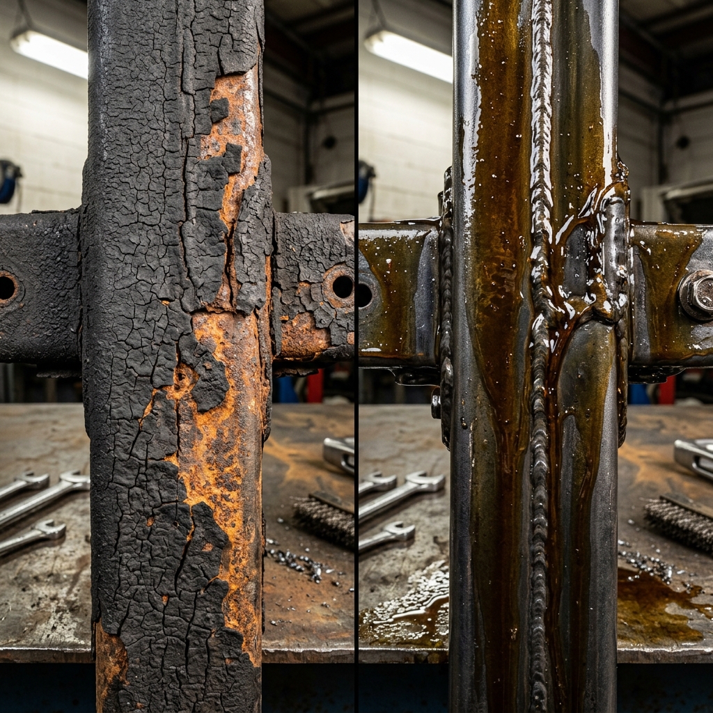 Before-and-after comparison of a rusted, cracked metal beam restored with protective oil and visible weld seam. (Representative image for illustration purposes only. Actual vehicle may vary based on trim and configuration.)
