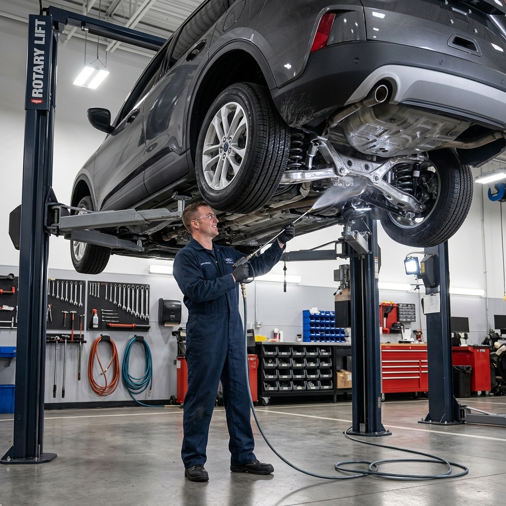 A mechanic wearing safety glasses uses a pressure washer to clean the undercarriage of a dark grey SUV raised on a lift. (Representative image for illustration purposes only. Actual vehicle may vary based on trim and configuration.)