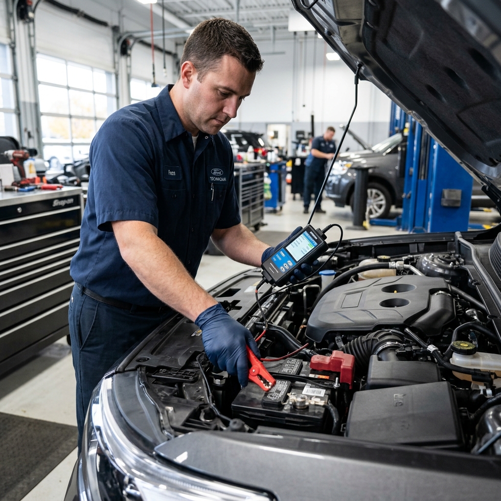 An auto mechanic wearing blue gloves uses a handheld digital diagnostic tool to test a car battery under the hood. (Representative image for illustration purposes only. Actual vehicle may vary based on trim and configuration.)