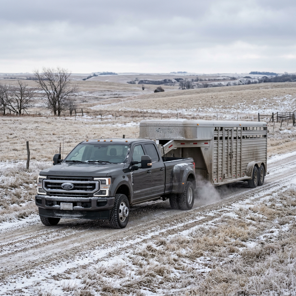Dark grey Ford Super Duty dually truck towing a silver gooseneck livestock trailer on a snowy dirt road. (Representative image for illustration purposes only. Actual vehicle may vary based on trim and configuration.)