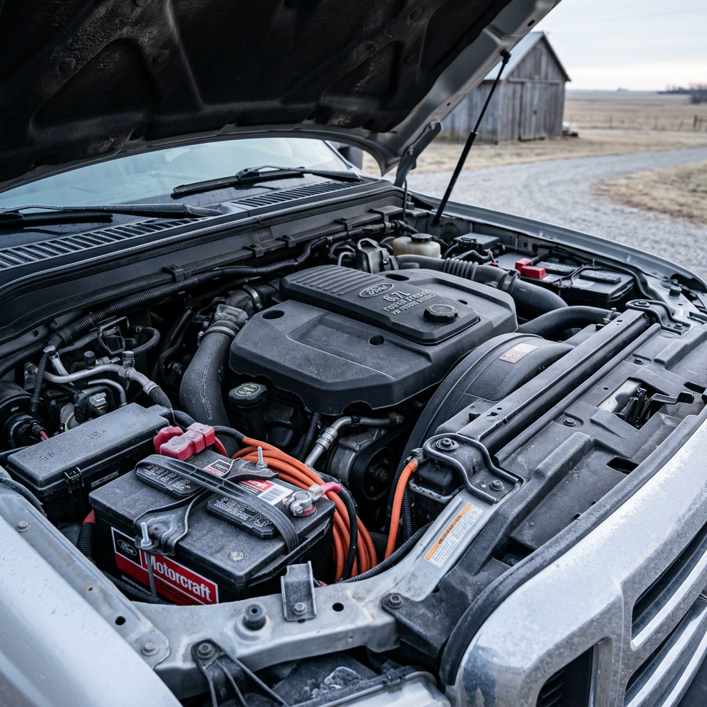 Open hood of a Ford truck revealing a 6.7L Power Stroke diesel engine and Motorcraft battery outdoors near a barn. (Representative image for illustration purposes only. Actual vehicle may vary based on trim and configuration.)
