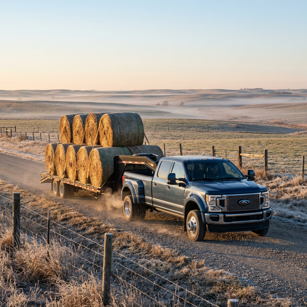 Blue Ford dually pickup truck towing a flatbed gooseneck trailer stacked with large hay bales along a rural gravel road. (Representative image for illustration purposes only. Actual vehicle may vary based on trim and configuration.)