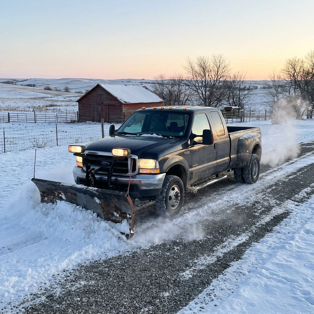A Ford dually pickup truck using a front plow attachment to clear snow off a gravel rural road at sunset. (Representative image for illustration purposes only. Actual vehicle may vary based on trim and configuration.)