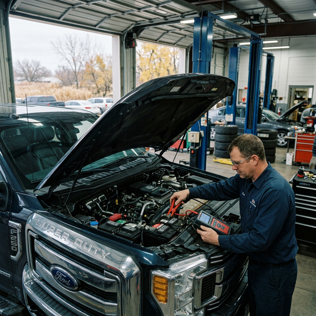 Mechanic using a diagnostic tool to test the battery of a Ford Super Duty truck in an auto repair shop. (Representative image for illustration purposes only. Actual vehicle may vary based on trim and configuration.)
