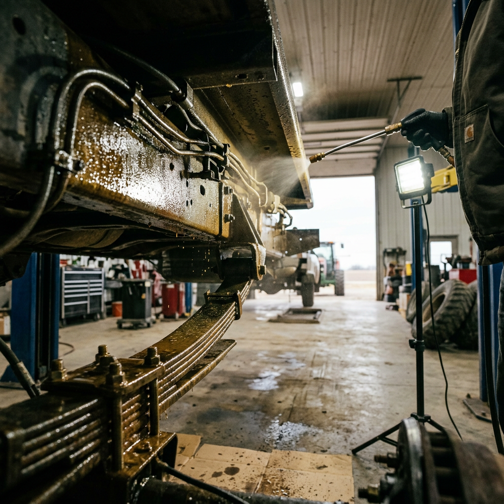 Mechanic pressure washing the wet undercarriage and leaf spring suspension of a truck inside a repair shop. (Representative image for illustration purposes only. Actual vehicle may vary based on trim and configuration.)