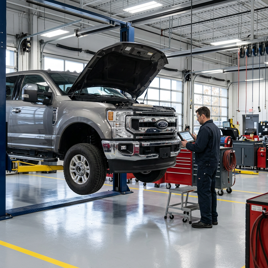 A mechanic using a diagnostic tablet while inspecting a grey Ford Super Duty truck elevated on a hydraulic lift. (Representative image for illustration purposes only. Actual vehicle may vary based on trim and configuration.)