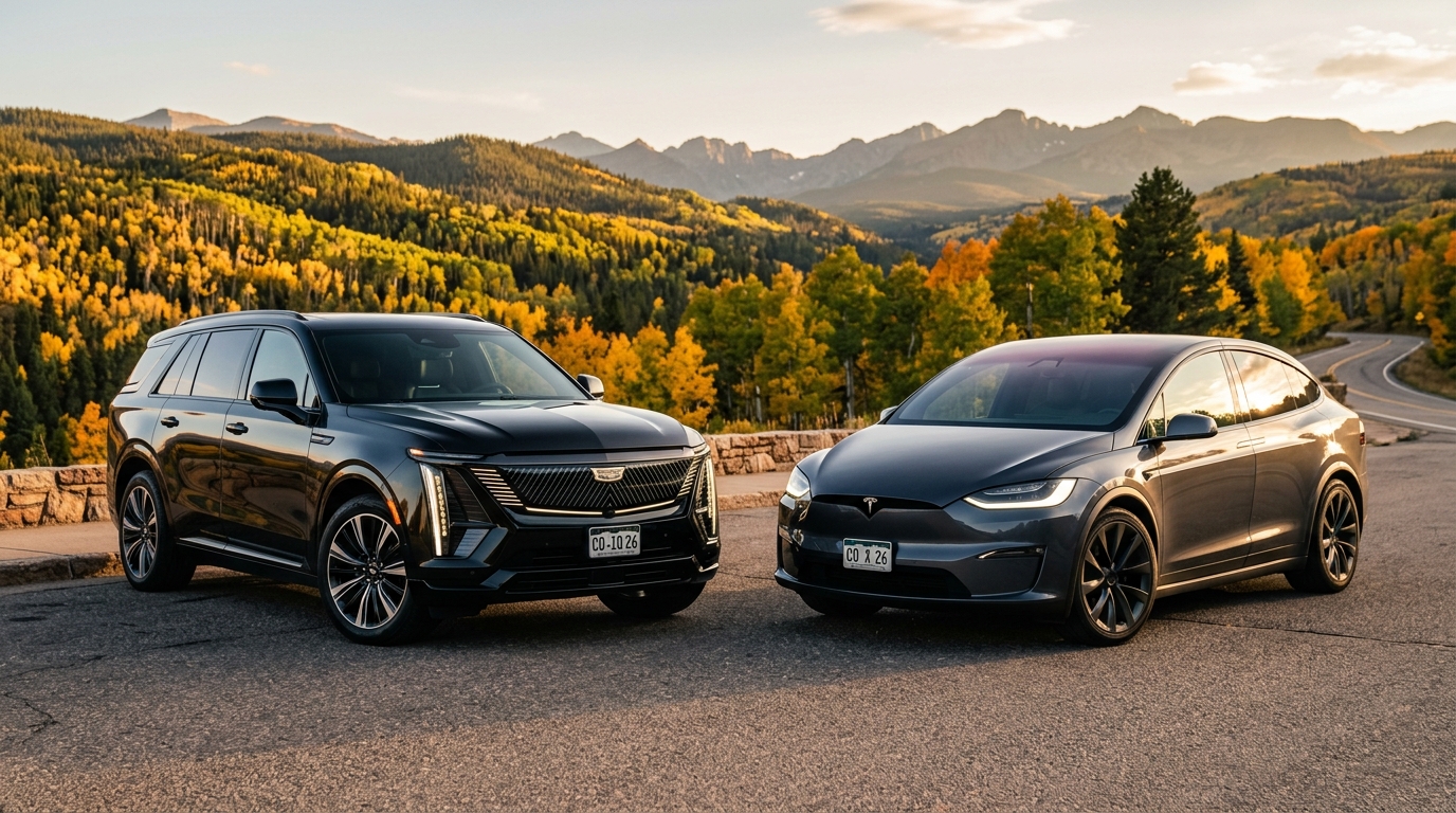 A black Cadillac electric SUV parked next to a grey Tesla Model X on a mountain overlook with autumn foliage. (Representative image for illustration purposes only. Actual vehicle may vary based on trim and configuration.)