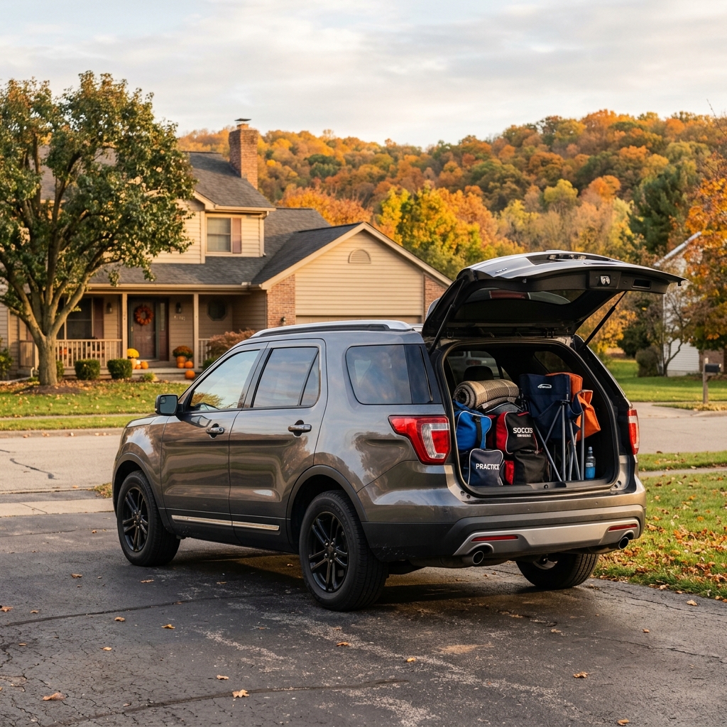 A grey SUV parked in a suburban driveway with its open trunk packed full of sports gear and camp chairs during autumn. (Representative image for illustration purposes only. Actual vehicle may vary based on trim and configuration.)