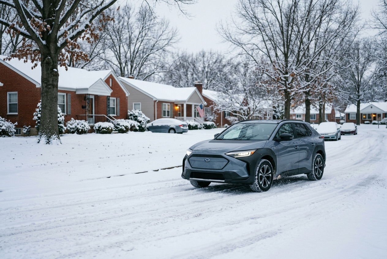 A grey Subaru Solterra electric SUV drives down a snowy suburban street flanked by brick houses. (Representative image for illustration purposes only. Actual vehicle may vary based on trim and configuration.)