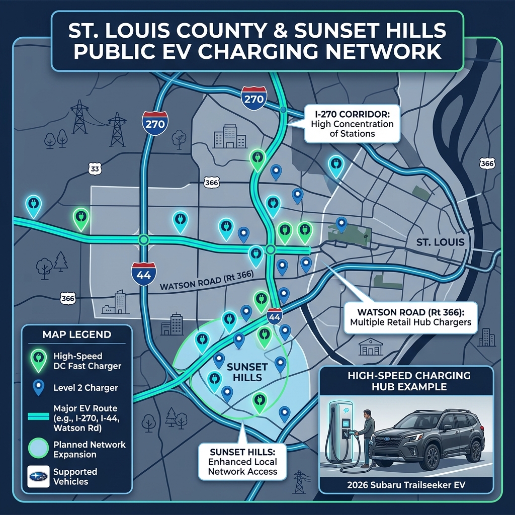 Map of St. Louis County EV charging stations detailing high-speed DC fast chargers and Level 2 chargers. (Representative image for illustration purposes only. Actual vehicle may vary based on trim and configuration.)