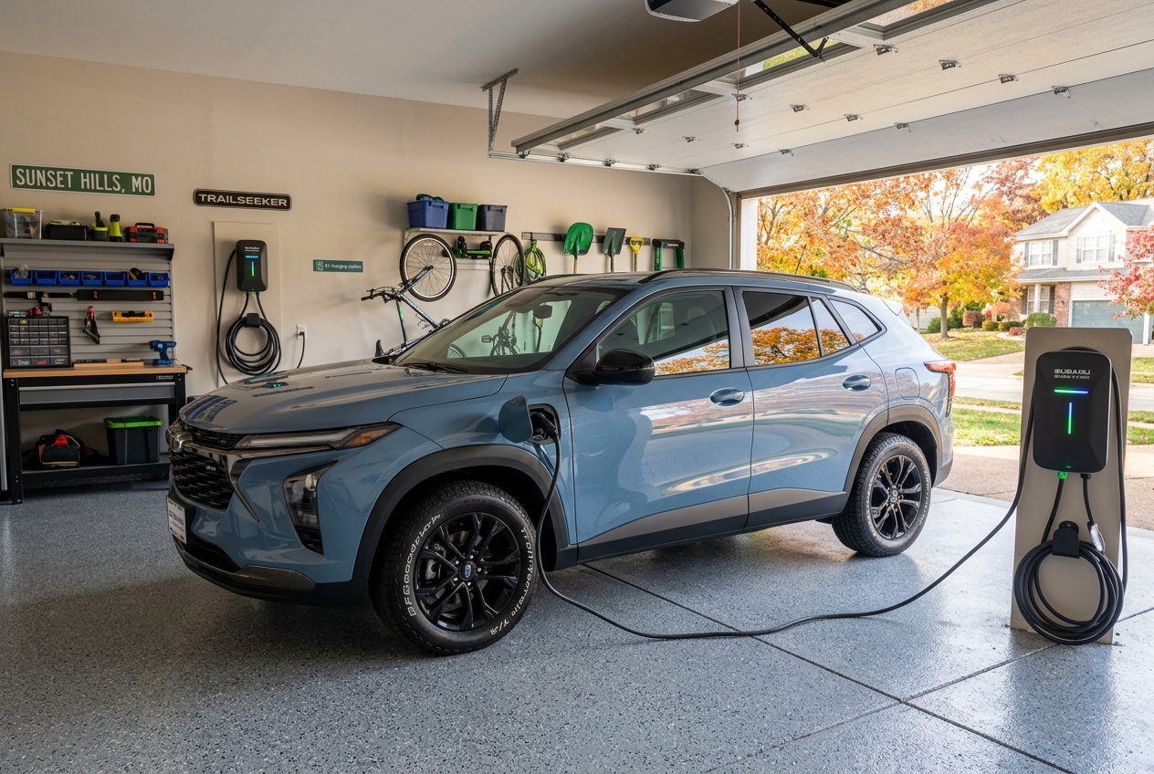 Blue electric SUV charging inside an organized home garage with the garage door open to an autumn neighborhood. (Representative image for illustration purposes only. Actual vehicle may vary based on trim and configuration.)