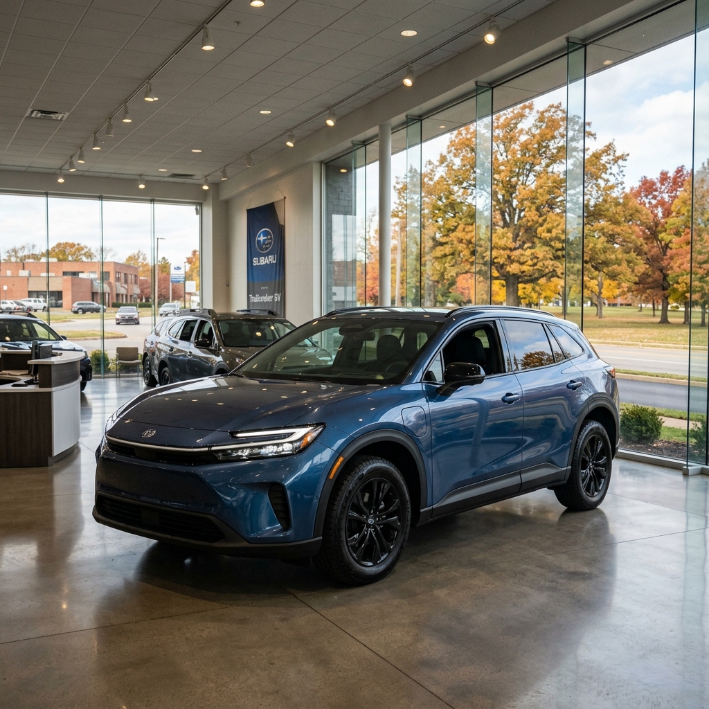 Blue electric SUV parked on a polished floor inside a car dealership with glass windows showing autumn trees. (Representative image for illustration purposes only. Actual vehicle may vary based on trim and configuration.)