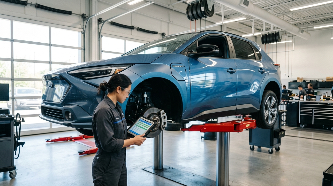 A female technician holds a diagnostic tablet while inspecting an electric SUV raised on a hydraulic lift. (Representative image for illustration purposes only. Actual vehicle may vary based on trim and configuration.)