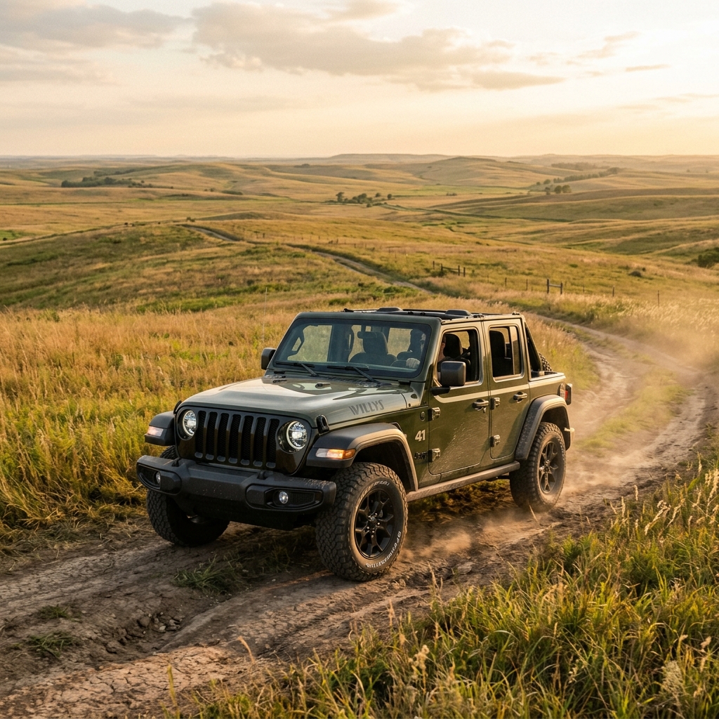 An olive green Jeep Wrangler Willys driving along a dusty dirt trail through scenic rolling hills at sunset. (Representative image for illustration purposes only. Actual vehicle may vary based on trim and configuration.)