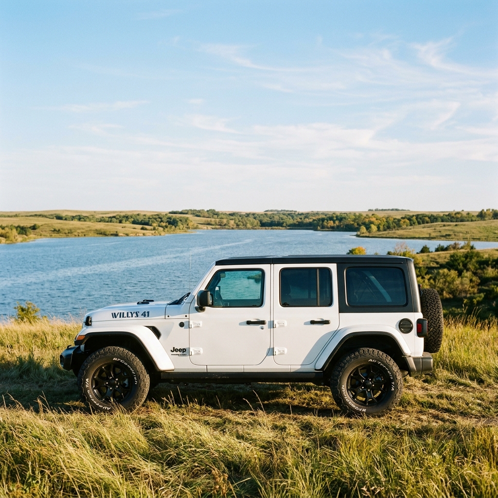 Side view of a white four-door Jeep Wrangler Willys parked on a grassy hill overlooking a scenic lake. (Representative image for illustration purposes only. Actual vehicle may vary based on trim and configuration.)