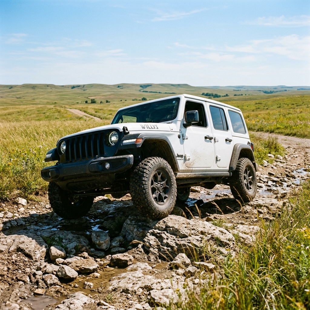 White Jeep Wrangler Willys driving over large rocks on a grassy dirt trail in a hilly landscape. (Representative image for illustration purposes only. Actual vehicle may vary based on trim and configuration.)
