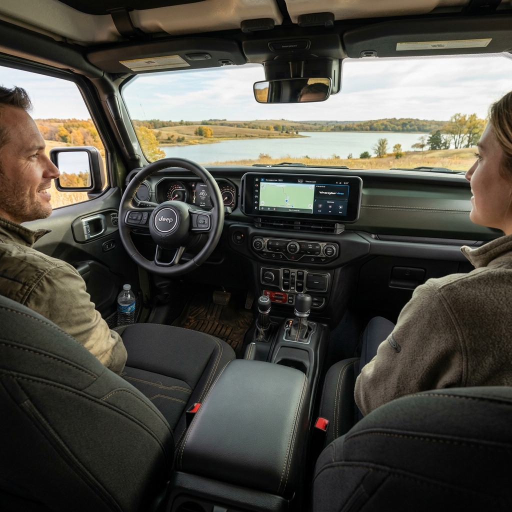 Interior view of a Jeep Wrangler with a driver and passenger looking toward each other with a scenic lake outside. (Representative image for illustration purposes only. Actual vehicle may vary based on trim and configuration.)