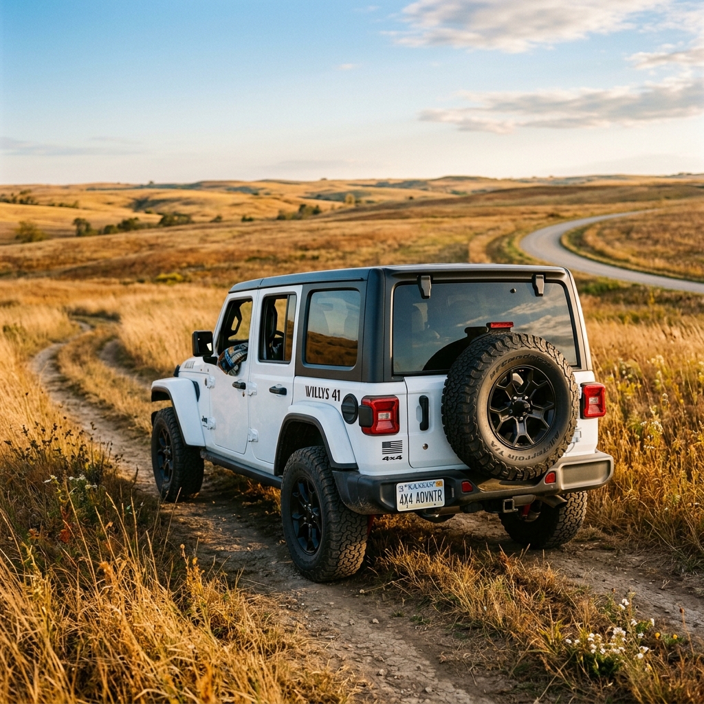 White Jeep Wrangler Willys parked on a dirt trail in a golden prairie landscape at sunset. (Representative image for illustration purposes only. Actual vehicle may vary based on trim and configuration.)