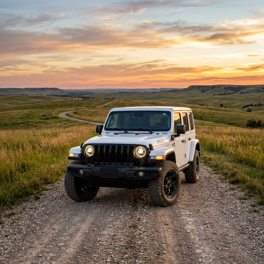 White Jeep Wrangler Willys parked on a gravel path winding through grassy hills at sunset. (Representative image for illustration purposes only. Actual vehicle may vary based on trim and configuration.)