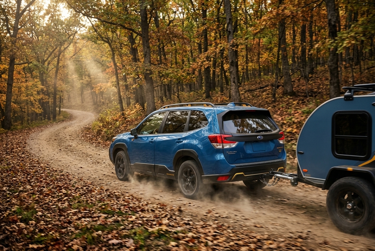 A blue Subaru SUV towing a teardrop camper trailer along a dusty dirt road through an autumn forest. (Representative image for illustration purposes only. Actual vehicle may vary based on trim and configuration.)