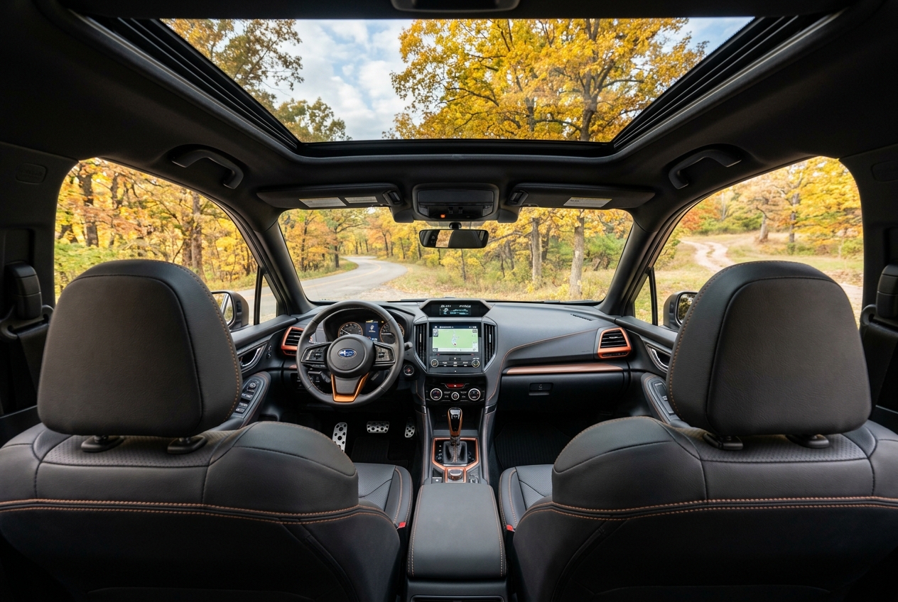 View from inside a modern SUV cabin with a panoramic sunroof looking onto a scenic road flanked by yellow autumn trees. (Representative image for illustration purposes only. Actual vehicle may vary based on trim and configuration.)