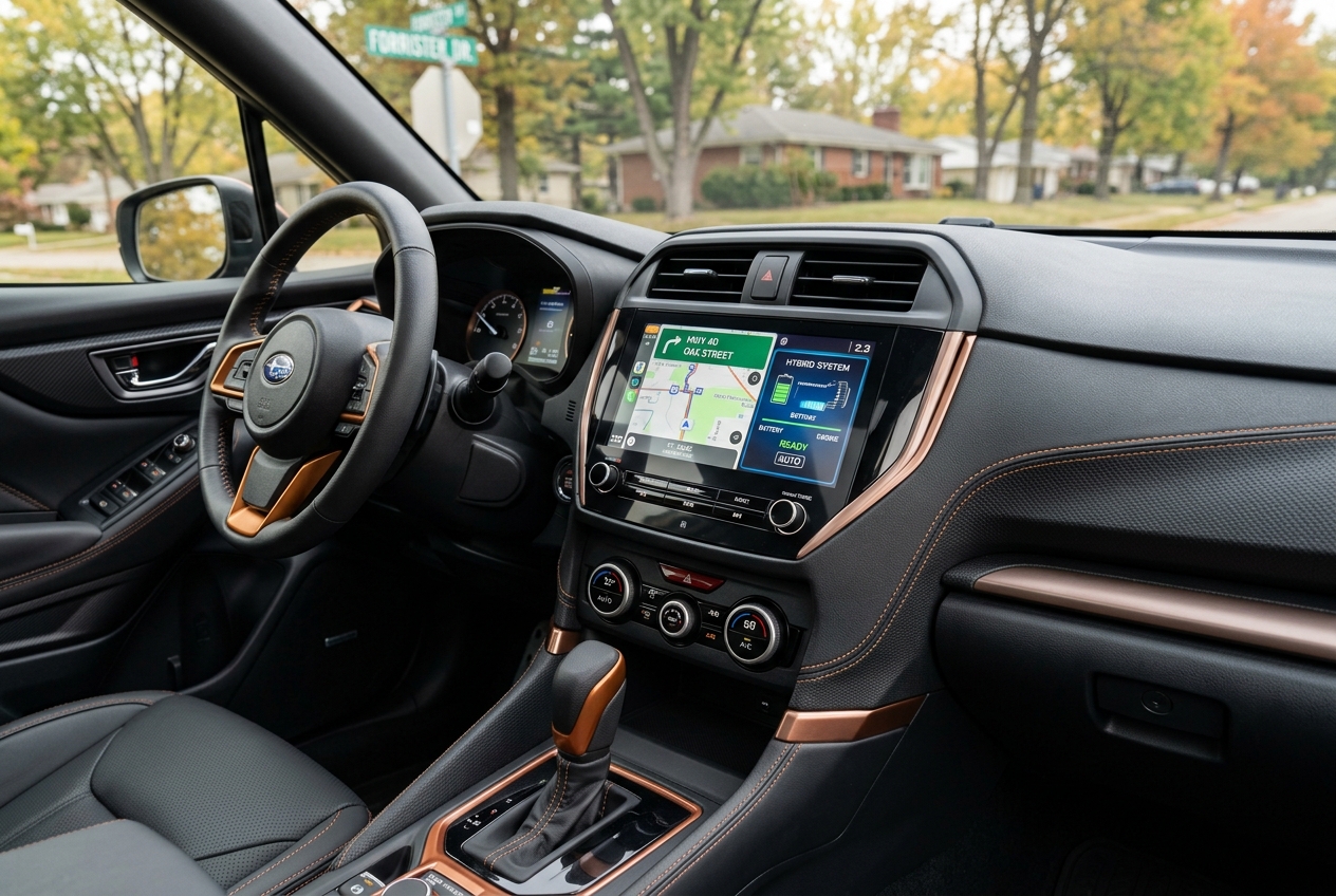 Interior of a Subaru vehicle featuring black leather seats, bronze trim accents, and a touchscreen navigation display. (Representative image for illustration purposes only. Actual vehicle may vary based on trim and configuration.)