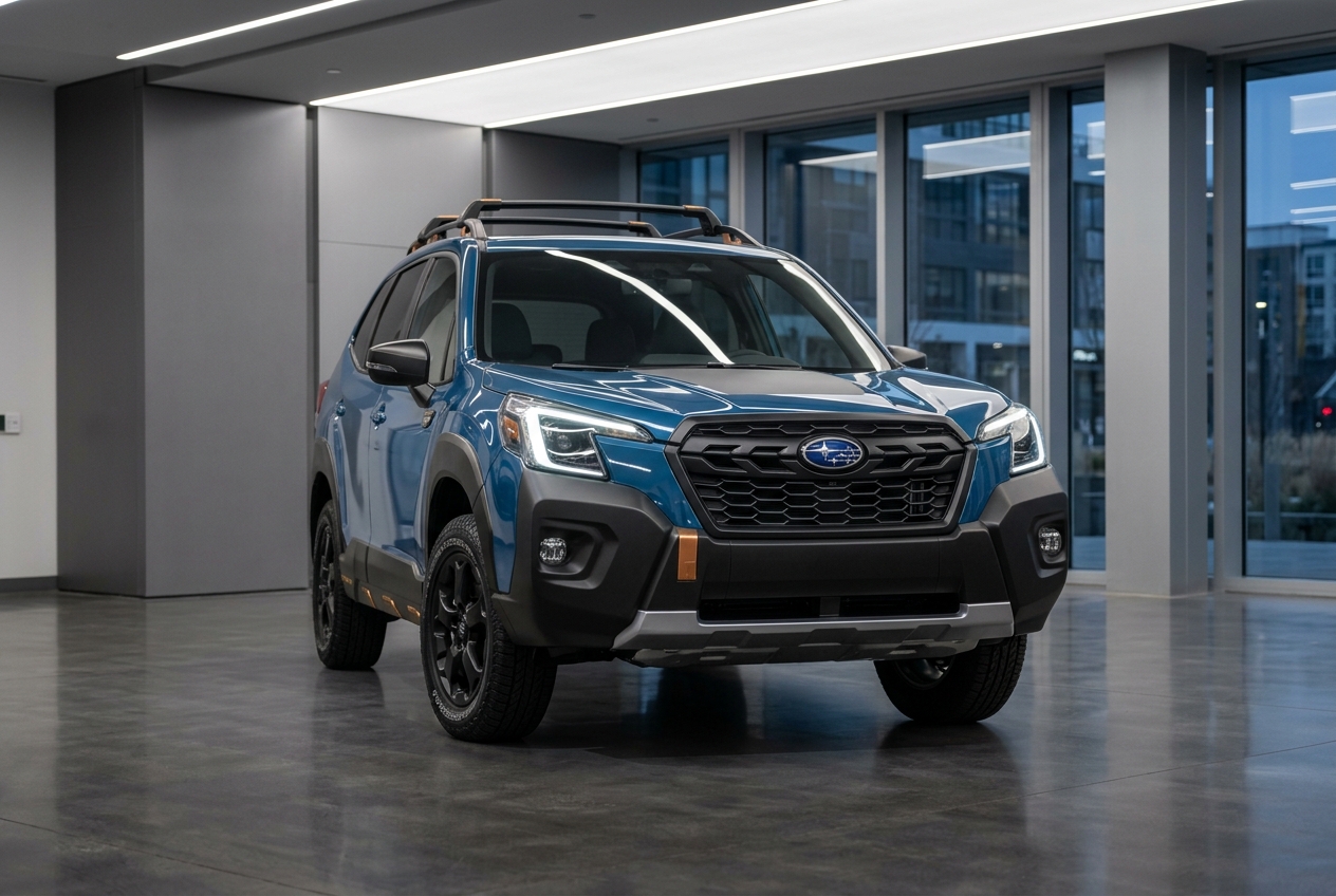 Blue Subaru Forester Wilderness SUV parked inside a modern indoor showroom with headlights illuminated. (Representative image for illustration purposes only. Actual vehicle may vary based on trim and configuration.)