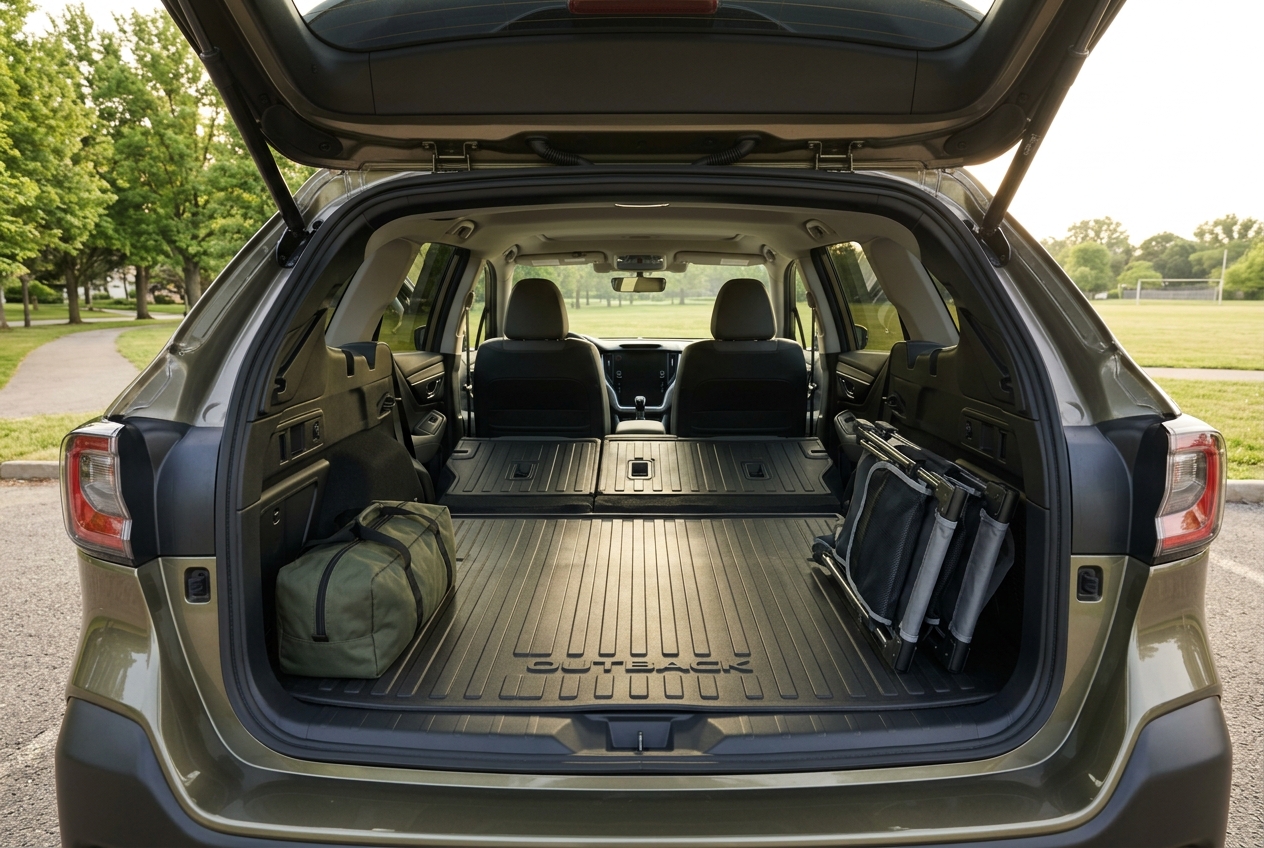 Open tailgate of a Subaru Outback showing cargo room with folded rear seats, a duffel bag, and camp chairs. (Representative image for illustration purposes only. Actual vehicle may vary based on trim and configuration.)