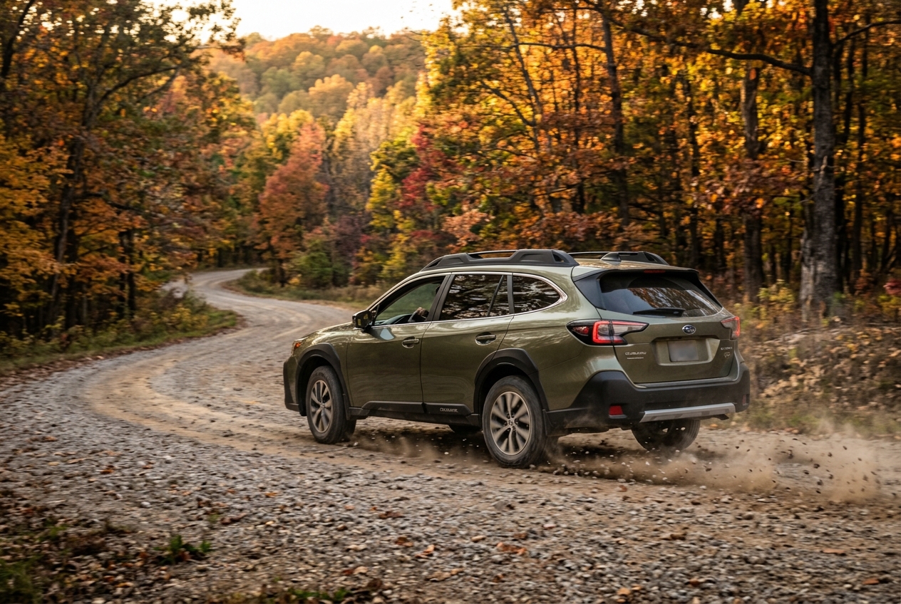 An olive green Subaru Outback driving along a winding gravel road through a vibrant autumn forest, kicking up dust. (Representative image for illustration purposes only. Actual vehicle may vary based on trim and configuration.)