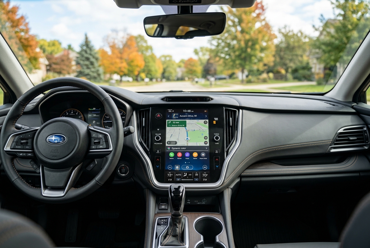 Interior view of a Subaru dashboard with navigation screen displaying a map, looking out at colorful fall trees. (Representative image for illustration purposes only. Actual vehicle may vary based on trim and configuration.)