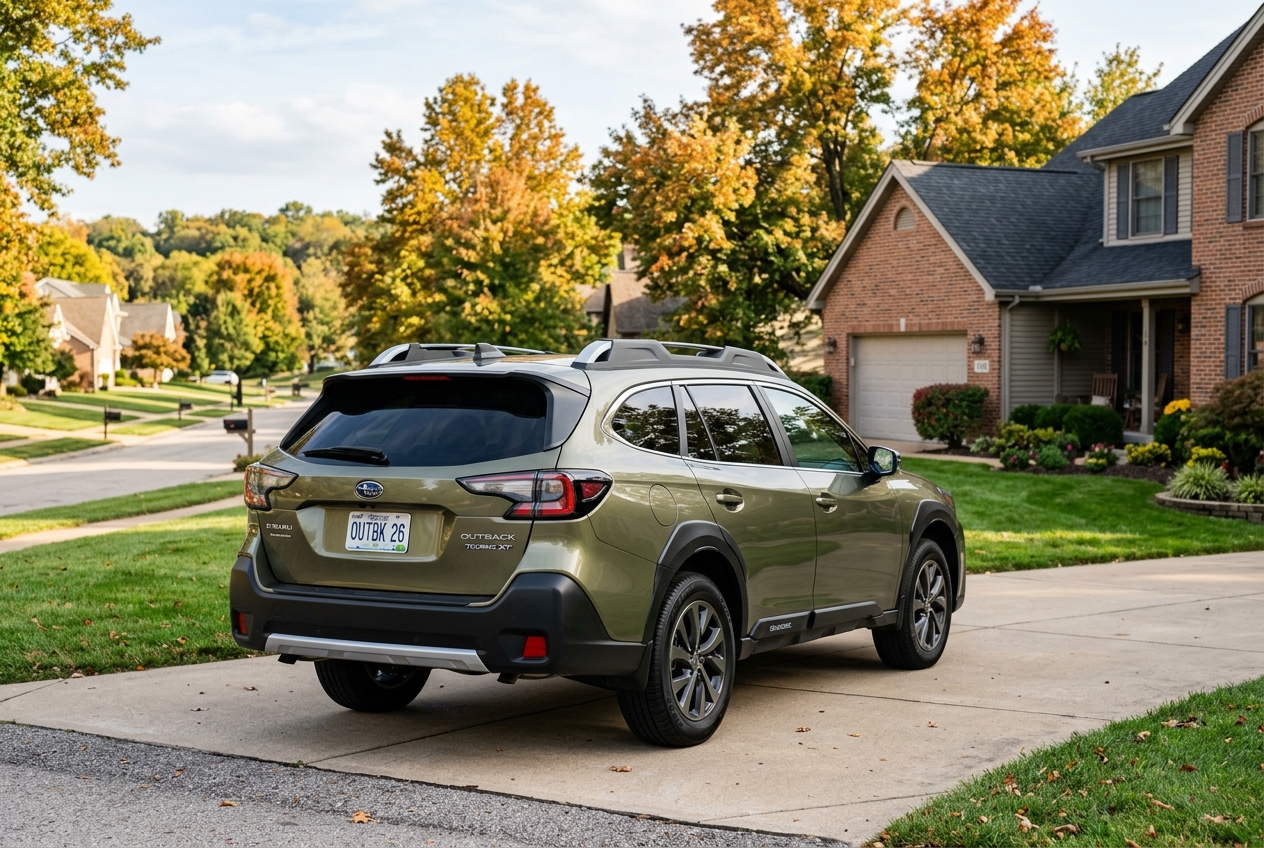 Rear view of an olive green Subaru Outback parked on a suburban driveway with autumn trees in the background. (Representative image for illustration purposes only. Actual vehicle may vary based on trim and configuration.)