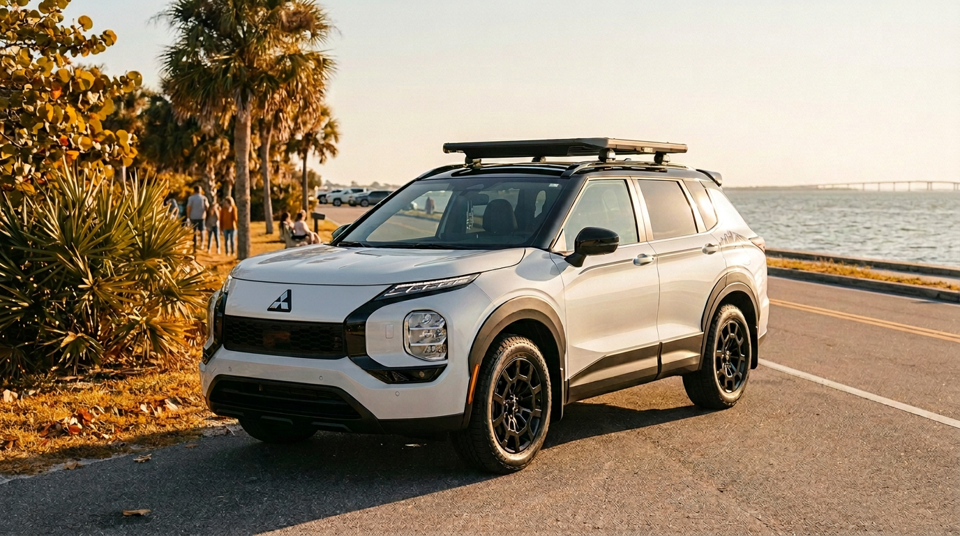 A white Mitsubishi Outlander SUV with a roof platform parked on a coastal road during sunset. (Representative image for illustration purposes only. Actual vehicle may vary based on trim and configuration.)