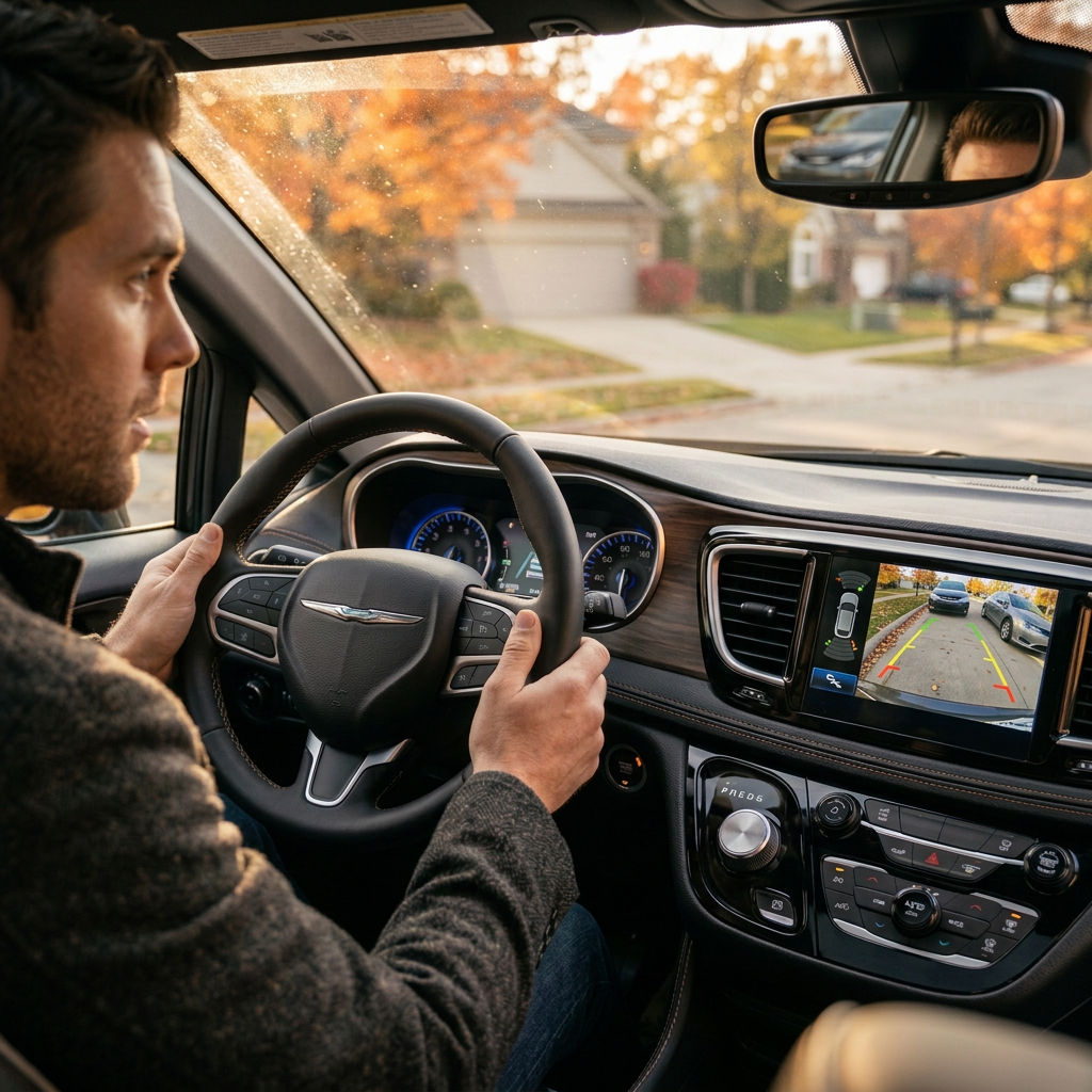 A man holding the steering wheel of a car while using the center dashboard backup camera display on a suburban street. (Representative image for illustration purposes only. Actual vehicle may vary based on trim and configuration.)