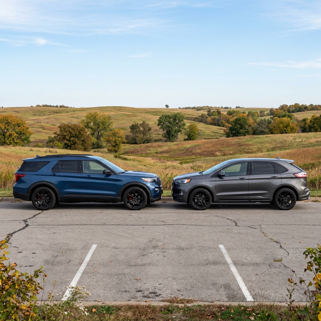 A blue Ford Explorer and a grey Ford Edge parked bumper-to-bumper in a parking lot with rolling hills behind them. (Representative image for illustration purposes only. Actual vehicle may vary based on trim and configuration.)