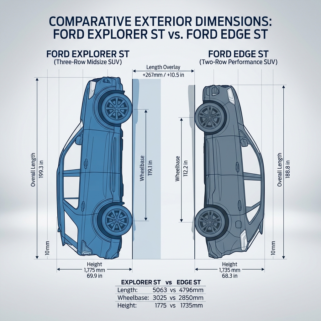 Diagram comparing exterior dimensions of Ford Explorer ST and Ford Edge ST including length, wheelbase, and height. (Representative image for illustration purposes only. Actual vehicle may vary based on trim and configuration.)