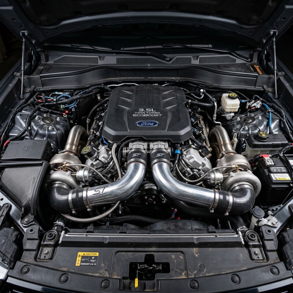 Modified Ford 3.5L Twin Turbo EcoBoost engine bay with visible twin turbochargers and polished ST piping. (Representative image for illustration purposes only. Actual vehicle may vary based on trim and configuration.)