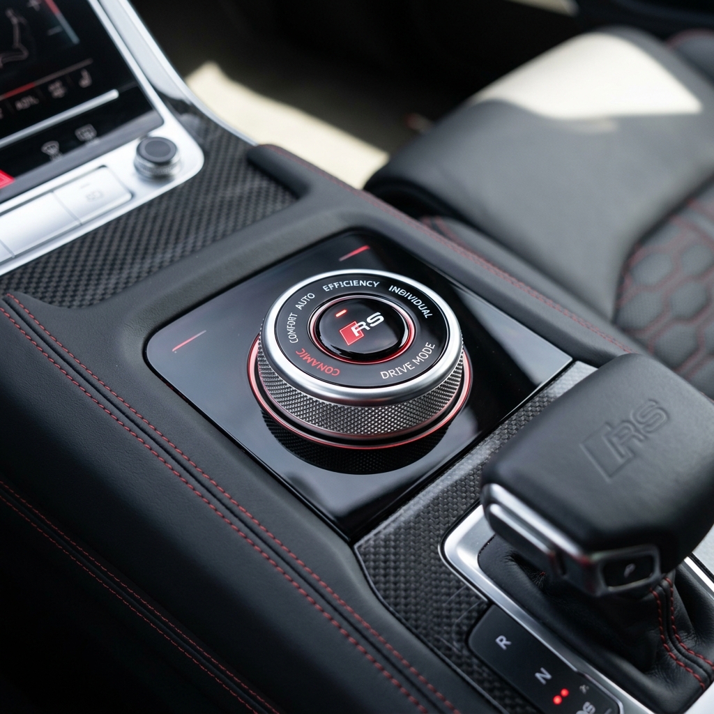 Close-up of an Audi RS center console featuring a metallic drive mode selector dial and leather gear shifter. (Representative image for illustration purposes only. Actual vehicle may vary based on trim and configuration.)