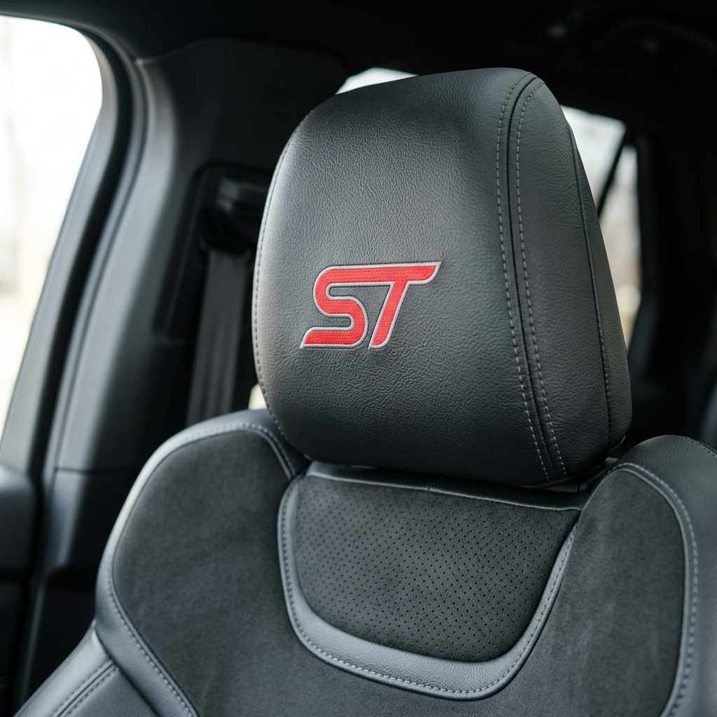 Close-up of a black leather car headrest featuring a red embroidered ST performance logo with contrast stitching. (Representative image for illustration purposes only. Actual vehicle may vary based on trim and configuration.)
